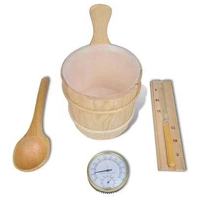 Image of vidaXL 5 Piece Sauna Accessory Set: Solid Wood Bucket with Plastic Insert, Spoon, Hourglass Timer, Thermo Hygrometer for Rooms