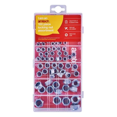 Image of Amtech S6220 Assorted Locking Nuts, 100 Piece Nylon Inserts, M4, M5, M6, M8, M10, M12, Anti Rust Design
