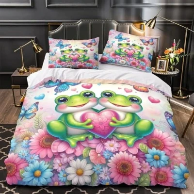 Image of ZYGAOKDD 3 Piece Set Duvet Cover Cute Frog 3D Printing Bedding Girl Woman Quilt with Pillowcase, Microfiber Single（140x200cm）