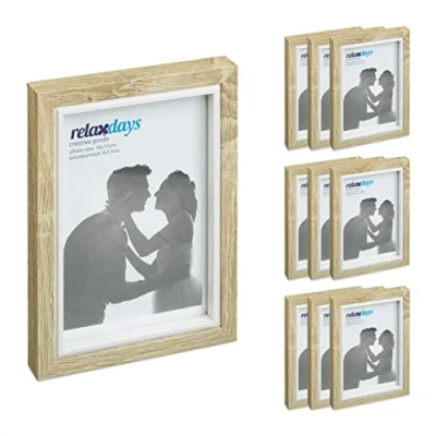 Image of Relaxdays 10x Picture Frames, 10x15cm, Portrait &amp; Landscape Format, to Hang, Stand, Passepartout, Wooden Optics, Brown, Fibreboard, 17 x 12.5 2 cm