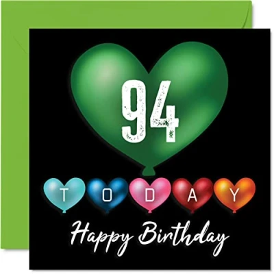Image of Fun 94th Birthday Cards for Men Woman Heart Balloons Happy Card Great Grandad Grandpa Nanny Grandma Nan Gran Granny Dad Mum, 145mm x Greeting