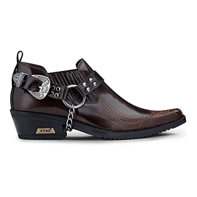Image of Mens Genuine Leather Western Shoes US Eagle Patent Shiny Wincklepickers Metal Chain Belt Cuban Heel Dancing Cowboy Brown 11