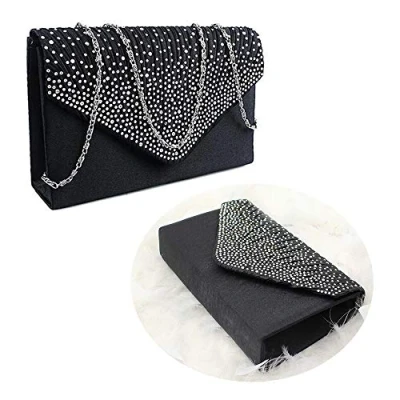 Image of Women Diamante Envelope Clutch Bag Evening Handbag Purse Wedding, Bridal, Prom, Party Shoulder (Black)
