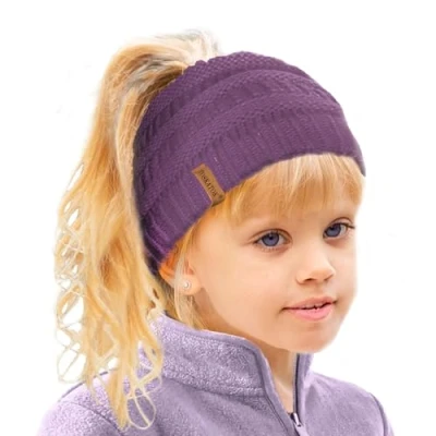 Image of TOSKATOK Girl&#039;s Thermal Teddy Fleece Lined Ponytail Beanie Hat Purple