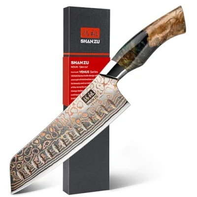 Image of SHAN ZU Damascus Santoku Knife 8 inch, Japanese Kitchen Knives Copper &amp; Steel High Carbon 33 Layer Hand Forged Ultra Sharp Utility Chef Professional Carving with Maple Wood Handle