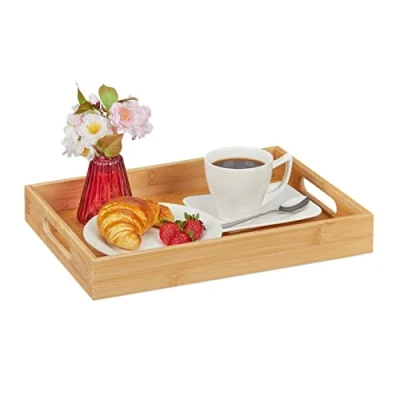 Image of Relaxdays Bamboo Serving Tray for Breakfast in Bed, with Handles, Large, Square, HxWxD: 5,5 x 40 30 cm, Natural Brown