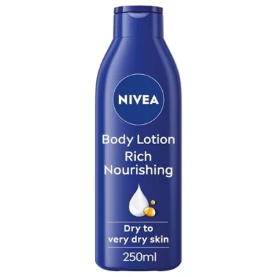 Image of NIVEA Rich Nourishing Body Lotion (250ml), 72H Hydration Moisturiser for Dry Skin Made with Deep Moisture Serum and Almond Oil, Intensive