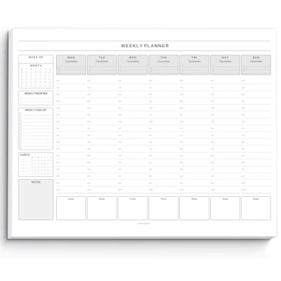 Image of Weekly Hourly Planner Notepad, Daily Desk Pad, Schedule, To Do List Note ADHD 50 Undated Tear Away Sheets A4 (Mono)