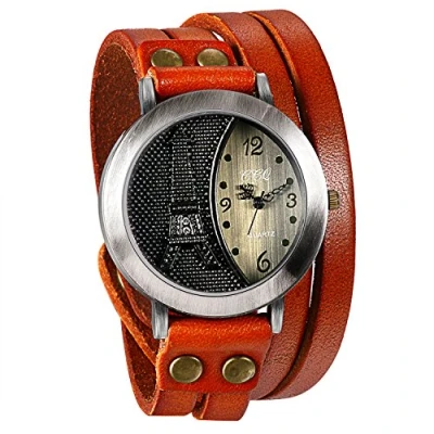 Image of JewelryWe Women Mens Retro Eiffel Tower Pattern Wrist Watch Multilayer Wrap Bracelet Quartz Wristwatch Orange