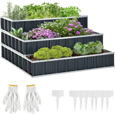 Image of Outsunny 118cm x 62cm 3 Tier Raised Garden Bed, Metal Elevated Planer Box Kit Flower Pot w/A Pairs of Glove for Backyard, Patio to Grow Vegetables, Herbs, and Flowers, Grey