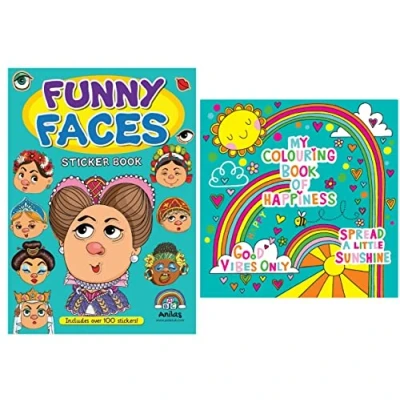 Image of Anilas Set of 2 Funny Faces Sticker Book &amp; Colouring Activity Book, Themes Include Unicorns, Dinosaurs, Pirates, Space, Princess, Mermaid, Knights, Diggers, Ideal for Children Aged 3 8