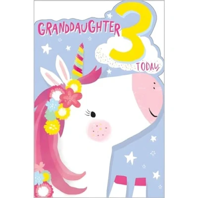 Image of Granddaughter 3rd Birthday Card Age 3 Today Unicorn Design Made in the UK Eco Friendly