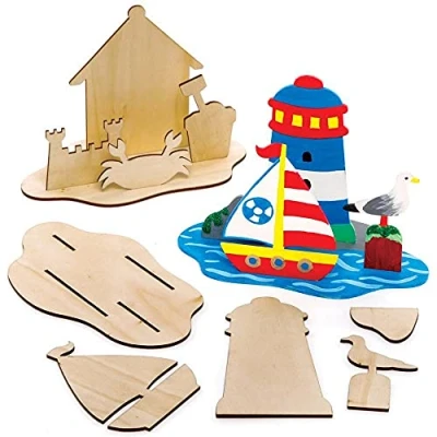 Image of Baker Ross FE342 Seaside Wooden Scene Kits Pack of 4, Woodcraft Construction For Kids Arts and Crafts Projects