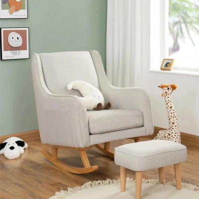 Image of Babymore Ida Nursing Chair With Footstool in Cashmere Elegant Rocking for Timeless Comfort Sturdy Wooden Legs, Gentle Motion, Supportive Back, Soft Fabric &amp; Stylish Armrests