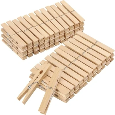 Image of Bamboo Pegs Pack of 100 Strong Wooden Clothes for Washing Line Peg Arts Crafts &amp; Hanging Photos Laundry 9.5cm (Large)