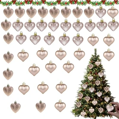 Image of Pack of 45 Heart Shaped Christmas Baubles Rose Gold 4cm, Specially Hearts for Valentine&#039;s Day, Tree Decoration Props