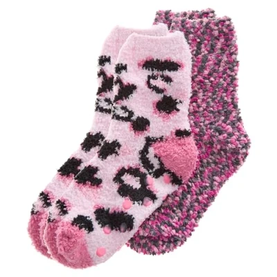 Image of WS AW23 Girls 2 Pairs Fluffy Snuggle &amp; Popcorn Socks Cosy Bed Non Slip Leopard Designs Pink 4 6