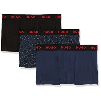 Image of HUGO Men&#039;s 3 Pack Stretch Cotton Trunk Boxer Shorts, Solid Black/Spruce Blue Animal Print/Spruce Blue, S