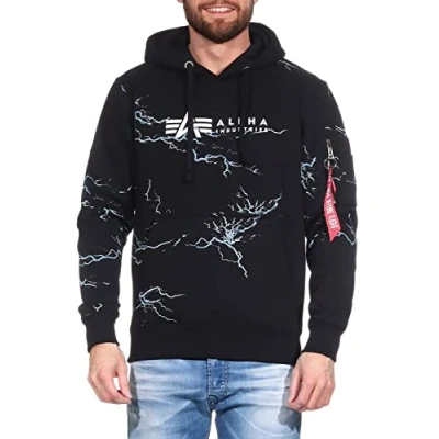 Image of Alpha Industries Men&#039;s Lightning AOP Hooded Sweat Sweatshirt, Black/White, M