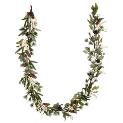 Image of Mr Crimbo Frosted Christmas Garland Pine Cones Snowberries Traditional Green 2.7m