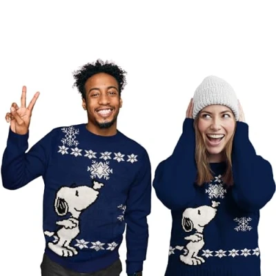 Image of The Peanuts Winter Sweater Unisex Snoopy Knitted Pullover Sweatshirt Ugly for Men &amp; Women Blue (as3, Alpha, l, Regular, Regular)