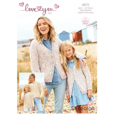 Image of Stylecraft Love You Aran Knitting Pattern 9972 Sweater &amp; Cardigan. Ladies Girl&#039;s Sizes