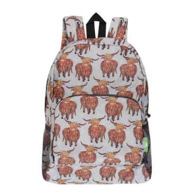 Image of ECO CHIC Lightweight Foldable Water Resistant Backpack Rucksack Folds into Pouch for Storage (Highland Cow Grey)