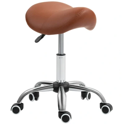 Image of HOMCOM Cosmetic Stool 360 Rotate Height Adjustable Salon Massage Spa Chair Hydraulic Rolling Faux Leather Saddle Mobility Brown