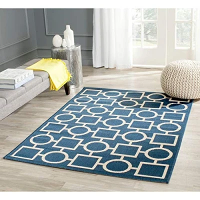 Image of SAFAVIEH Contemporary Rug for Indoor &amp; Outdoor Courtyard Collection, Short Pile, in Navy and Beige color, 79 X 152 cm