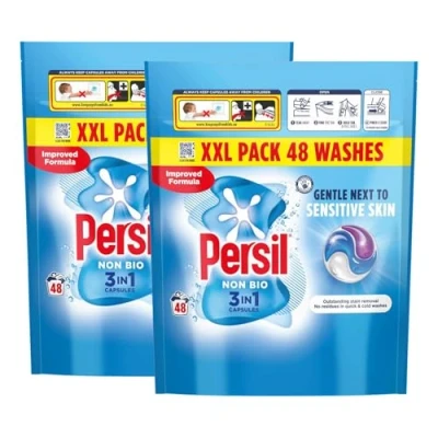Image of Persil XL 3 in 1 Washing Capsules Outstanding Stain Removal with No Residues Even Quick and Cold Washes 7 Days of Lasting Freshness Pods 48 (Buy 2, Non Bio)