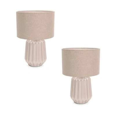 Image of Pair of Stone Natural Textured Ceramic Bedside Table Lamp with Fabric Drum Shade Living Room Bedroom Light