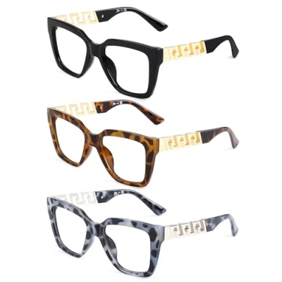 Image of JM 3 Pack Oprah Style Reading Glasses for Women Blue Light Blocking, Stylish Fashion Computer Readers, Oversized Square Bluelight UV Filter Anti Glare +3.0