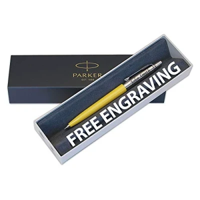 Image of PARKER jotter Yellow Engraved Personalised 90,s Edition Ballpoint Pen Medium Blue ink, perfect gift for Graduation, Birthdays, Leaving Gifts, Engrave your name or an expression. (Gift Box)
