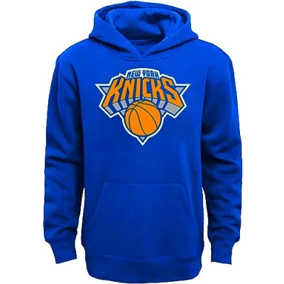 Image of Outerstuff NBA Youth 8 20 Team Color Primary Logo Pullover Fleece Sweatshirt Hoodie, New York Knicks Blue, 18