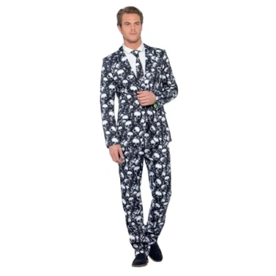 Image of Smiffys Skeleton Suit, Black &amp; White with Jacket, Trousers Tie, Stand Out Suits Fancy Dress, Dress Up Costumes
