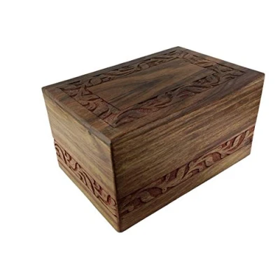 Image of Indian Glance Wooden Urn Box for Human Ashes Funeral Cremation with Hand Carved Design (X Small)