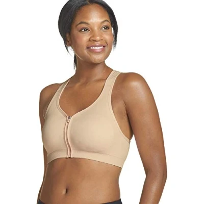 Image of Jockey Women&#039;s Mid Impact Zip Front Sports Bra, Opaque, Nude, S