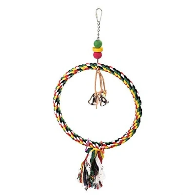 Image of Parrot ESSENTIALS Colourful Cotton Rope Swing Round Perch Wooden for Parrots, Large Conures and More Toy Nest Encourages Foot Exercise Hanging