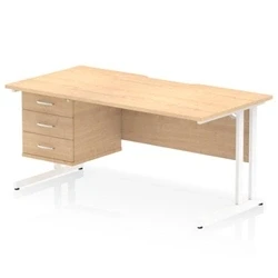 Image of Impulse 1600 x 800mm Scalloped Edge Straight Office Desk Maple Top White Cantilever Leg Workstation 1 3 Drawer Fixed Pedestal