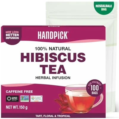 Image of HANDPICK, Hibiscus Tea Bags 100 Count 100% Pure Ingredients Flowers Brew Hot, Iced or Kombucha Round Herbal
