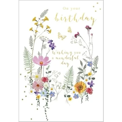 Image of Abacus Cards Artistic Open Female &#039;Happy Birthday&#039; Greeting Card Meadow Flowers From The Belgravia Range Embossed With A Gold Foil Finish For Her