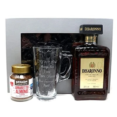 Image of Personalised Engraved Coffee Glass with &amp; Amaretto (Amaretto Disaronno 50cl in Gift Box)