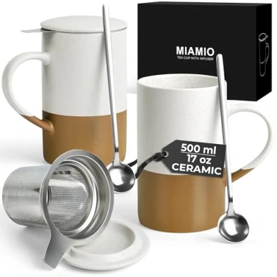 Image of MIAMIO Tea Cup Set 2 x 500 ml with Infuser and Lid/Ceramic Mug Spoon for Steeping Loose Leaf Tea, Gifts Lovers Microwave &amp; Dishwasher Safe (Brown)