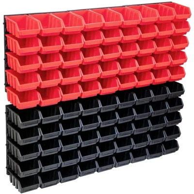 Image of vidaXL 96 Piece Storage Bin Kit with Wall Panels Red and Black