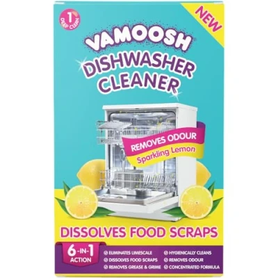 Image of Vamoosh Dishwasher Cleaner and Descaler (1 Clean) New Formula Dissolves Food Scraps, Dirt Grime Removes Limescale Bad Odours Fresh Lemon Scent Deep Cleaning Power