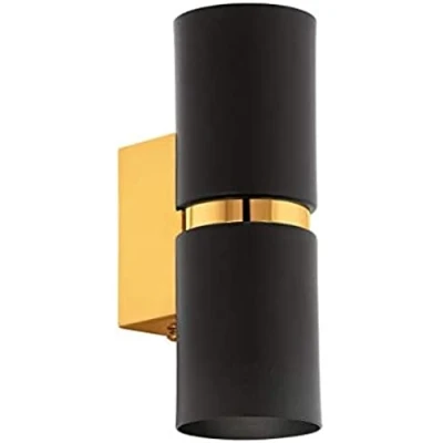 Image of EGLO Passa LED Wall Light, 2 Bulb Spotlight Indoor Made of Metal in Black and Gold, Living Room Lamp, Hallway Lamp with Up Down Round, GU10 Socket