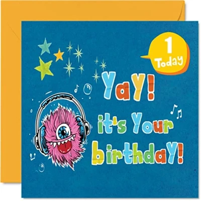 Image of 1st Birthday Card Boy Monster Happy 1 Year Old Boy, Boys Cards for Him, 145mm x Greeting Son Nephew Grandson Kid Children