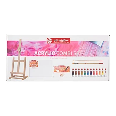 Image of Talens Art Creation Acrylic Paint Beginners Set with 12 Colors (12 ml tubes), Brushes, Palette, Canvas &amp; Easel Painting for Adults