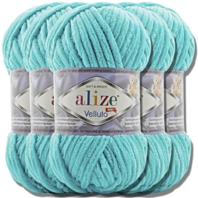 Image of Alize 5 x 100 g Velluto Turkish Wool Super Bulky Chenille Yarn Cuddly Soft Baby Hand Knitting for Crocheting XXL Ball Amigurumi (Cyan 490)