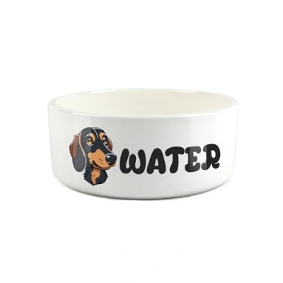 Image of Dachshund Pet Bowl Cartoon Sausage Dog Portrait Large Ceramic Water Novelty White Dish For Dogs